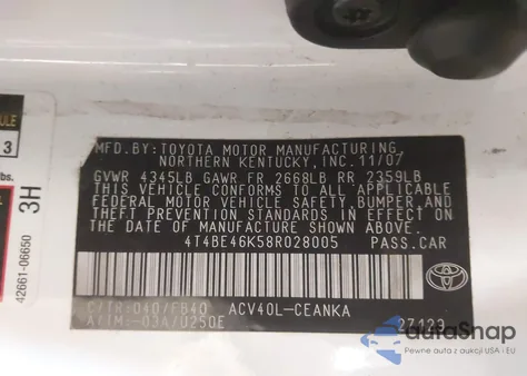 2008 Toyota Camry Le z USA, uszkodzony, nr VIN 4T4BE46K58R028005